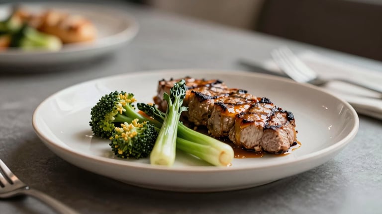 Close-up of a high-quality, nutritious executive meal featuring fresh vegetables and grilled protein, professionally plated on a minimalist ceramic dish using brand colors #F5F5F0 and #1A2C2A.