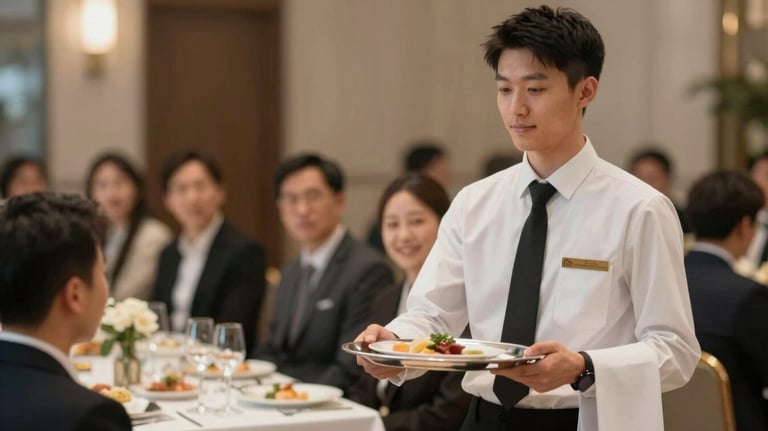 A professional waiter in a crisp uniform serving guests at a high-end corporate event, reflecting trustworthy and premium service.