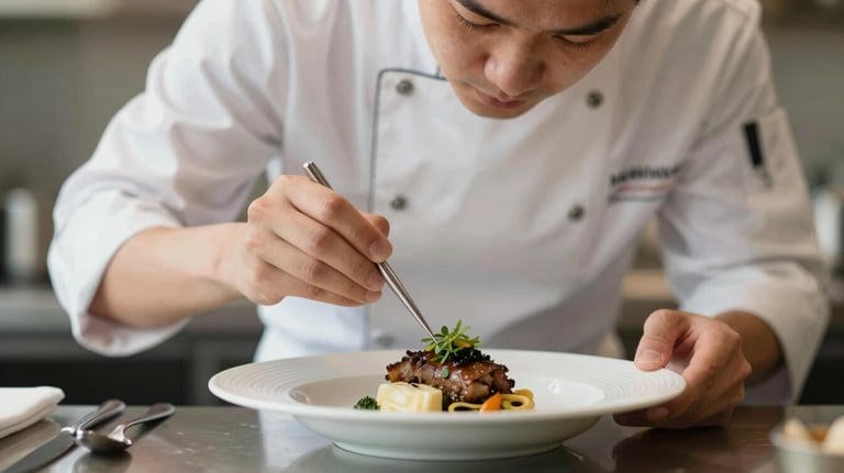 A chef in a professional uniform carefully garnishing a dish, showcasing bespoke service and culinary attention to detail.