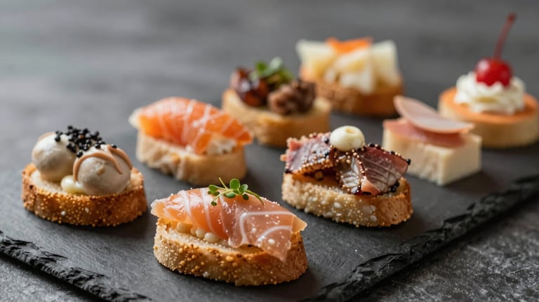 A beautifully arranged selection of gourmet finger foods and appetizers on a dark slate tray, highlighting bespoke culinary excellence.