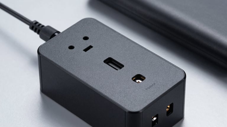 A high-quality product photo of a matte black surge protector and a modern portable power bank. Clean and professional composition on a light silver background.