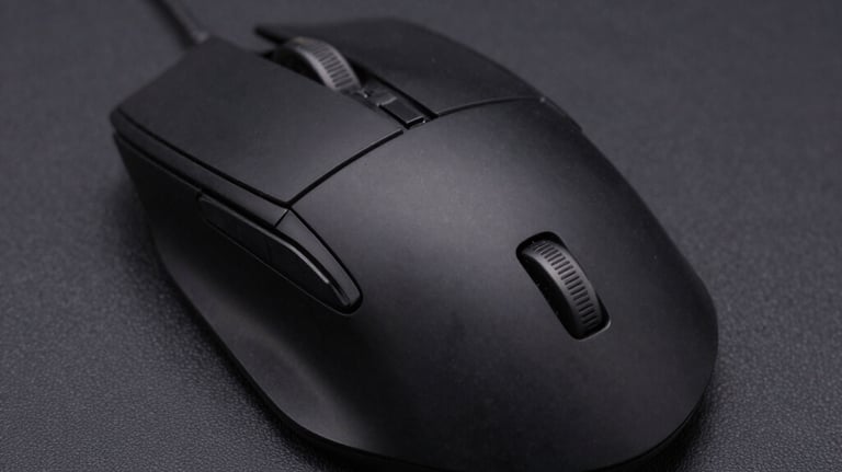 A high-quality studio photograph of a sleek, black ergonomic gaming mouse on a dark textured surface. Sharp focus and professional product lighting showing off the clean design lines.