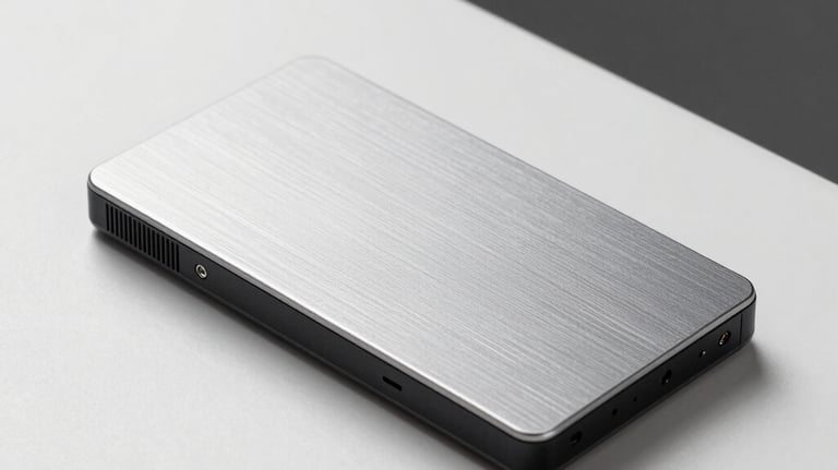 A studio shot of a high-performance external SSD with a brushed aluminum finish sitting on a white minimalist surface. Professional and clean product photography.