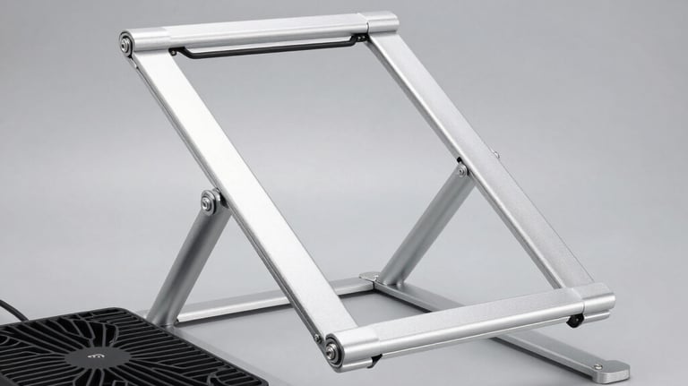 A studio shot of an adjustable aluminum laptop stand and a cooling pad with a clean, industrial aesthetic on a neutral gray background. Sharp details and modern style.