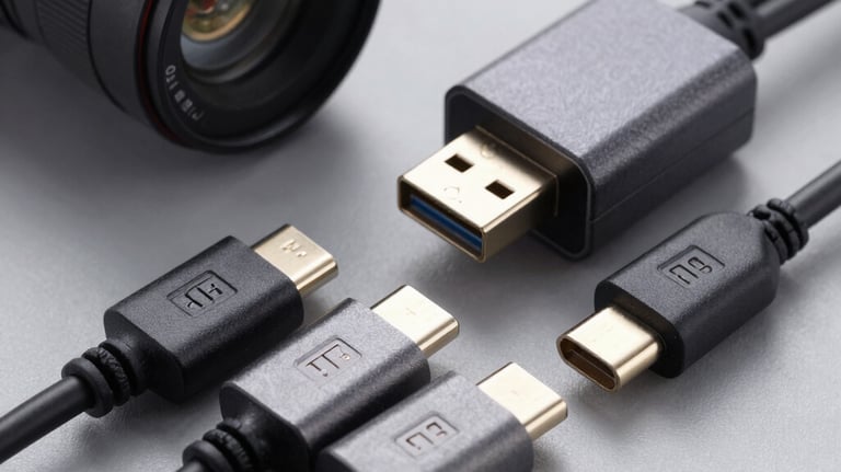 A close-up studio photograph of a collection of high-quality braided USB-C cables and multi-port adapters neatly arranged on a gray surface. Professional lighting highlighting the premium connectors.