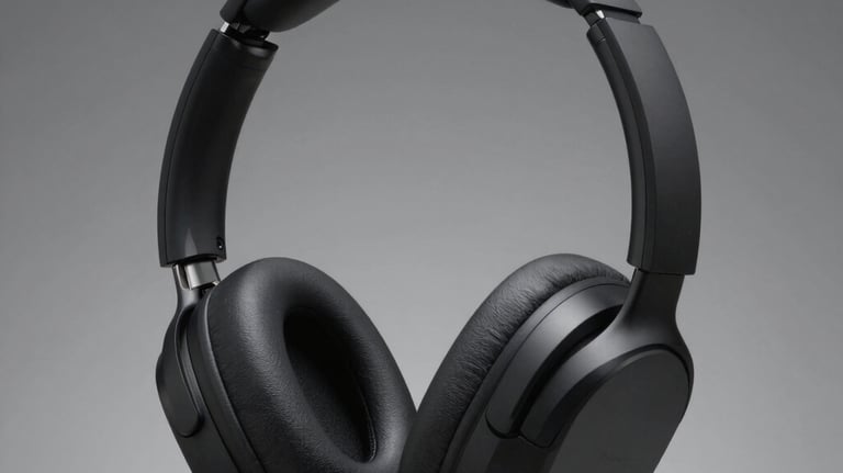 Professional studio photography of sleek over-ear wireless headphones in matte black. Profile view with minimal background, emphasizing modern design and high-tech quality.