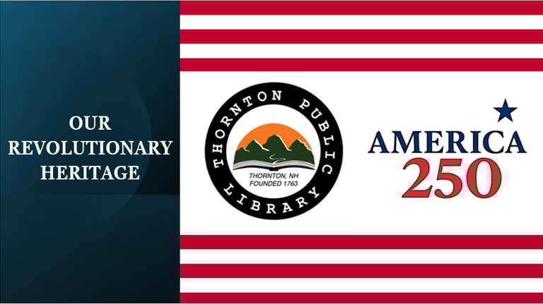America 250 logo with Thornton Public Library seal celebrating our revolutionary heritage.