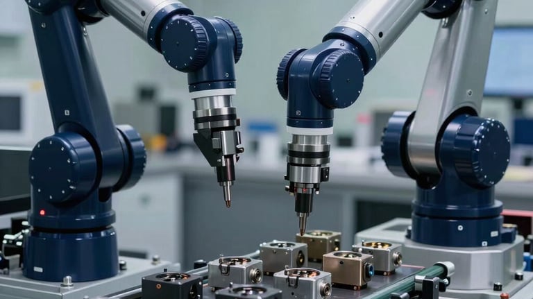 A professional photo of a high-speed robotic arm picking and placing precision parts on a conveyor belt. The lighting is sharp, highlighting the midnight blue and silver metal parts.