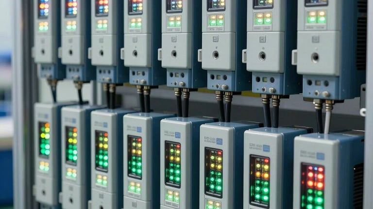 A photography showing rows of high-end industrial PLC controllers and servo drives neatly arranged on a demonstration rack, glowing with status LEDs. Steel blue and light gray tones.