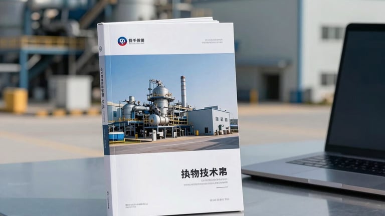 A clean shot of an industrial catalog and a professional laptop on a modern steel blue table, with a blurred manufacturing facility in the background. East Asian / Chinese setting.