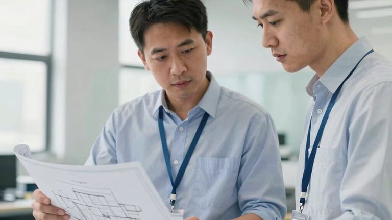 A high-quality photo of two professional engineers, East Asian / Chinese, discussing a complex blueprint in a clean, brightly lit corporate environment with industrial design accents.