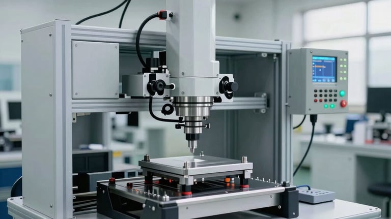 A photography of a custom-designed automated testing station in a bright factory, showing precision engineering components and integrated controllers. Modern industrial style. East Asian / Chinese facility.