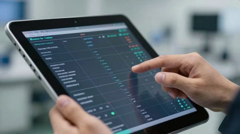 A close-up shot of a hand using a digital tablet to monitor real-time production data, with a blurred high-tech factory background. Clean, professional lighting. East Asian / Chinese hand.