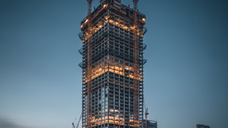 High-rise tower under active construction with cranes, illustrating strong project performance