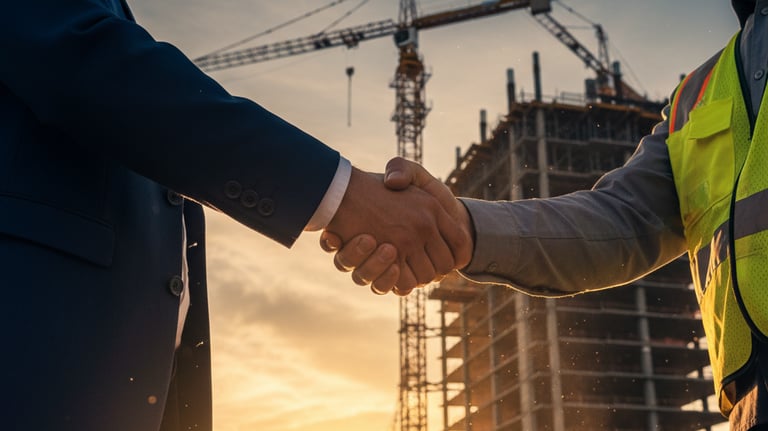 Project manager and contractor shaking hands on a construction site at sunset, representing trust