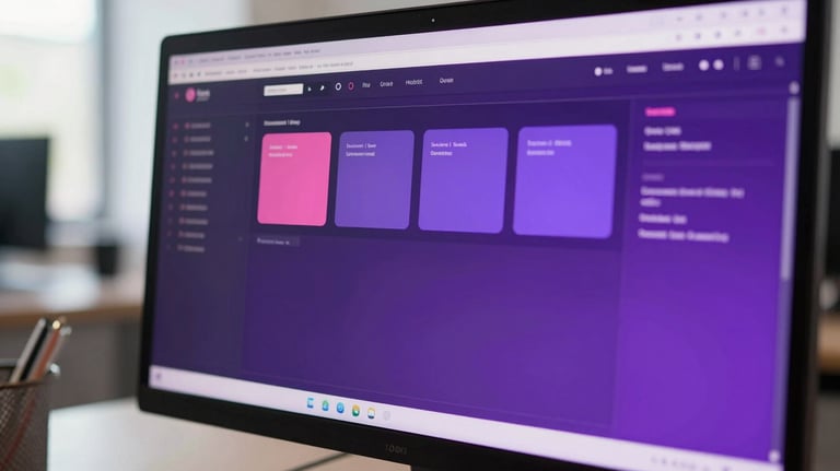 Detailed view of a modern computer screen showing a clean, organized dashboard with vibrant purple and pink interface elements, set in a bright office.