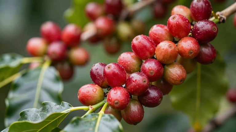 Close-up of vibrant red coffee cherries ripening on a lush green branch, sharp focus, professional agricultural photography style.