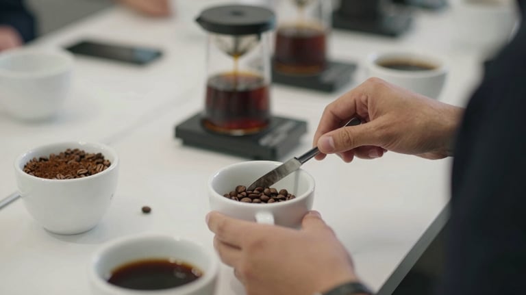 A modern coffee cupping session with professional equipment and samples of roasted beans, highlighting the quality control process.