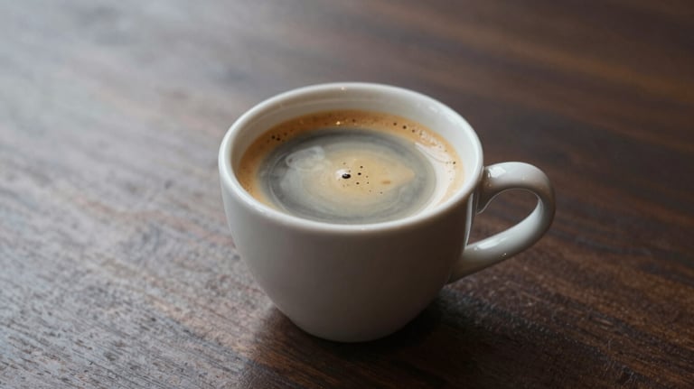 A refined shot of a coffee cup with perfect crema on a dark wood table #2A1A10, with soft lighting highlighting the quality of the brew.