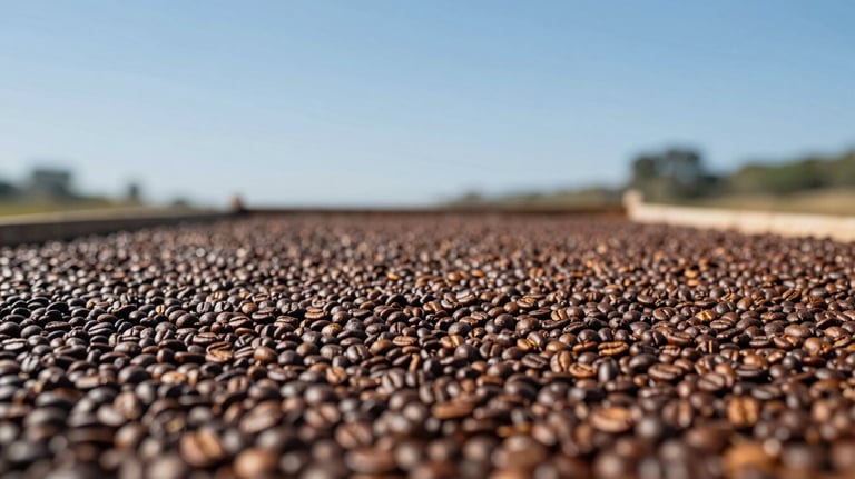 Coffee beans spread out on a raised drying bed (terreiro suspenso), under clear blue skies, showing the traditional drying process.