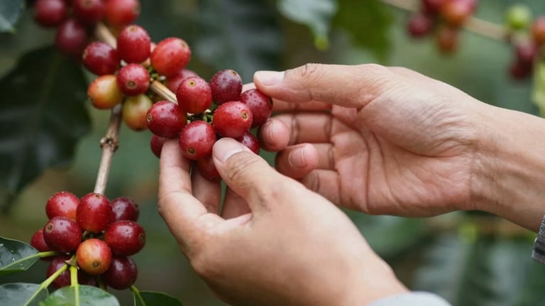 A detail shot of expert hands manually picking only the ripest red coffee cherries from a branch, emphasizing selective harvest.