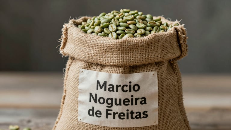 A textured burlap sack filled with green specialty coffee beans, labeled with the brand name Marcio Nogueira de Freitas.