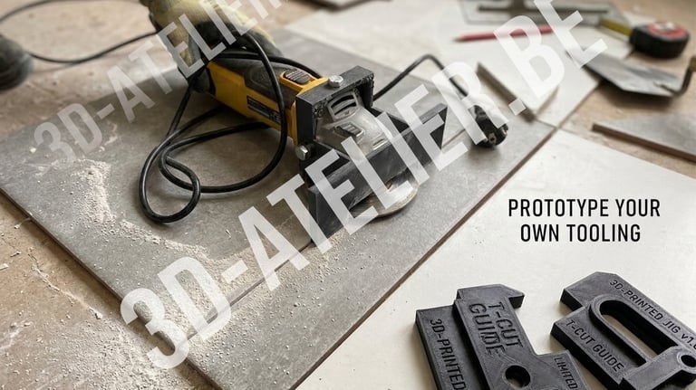 A person wearing a work glove uses an angle grinder to cut a large grey ceramic tile. The grinder is