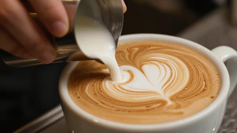 Macro shot of a barista's hand pouring steamed milk into a ceramic cup to create a heart shape, warm brown and cream tones, premium style.