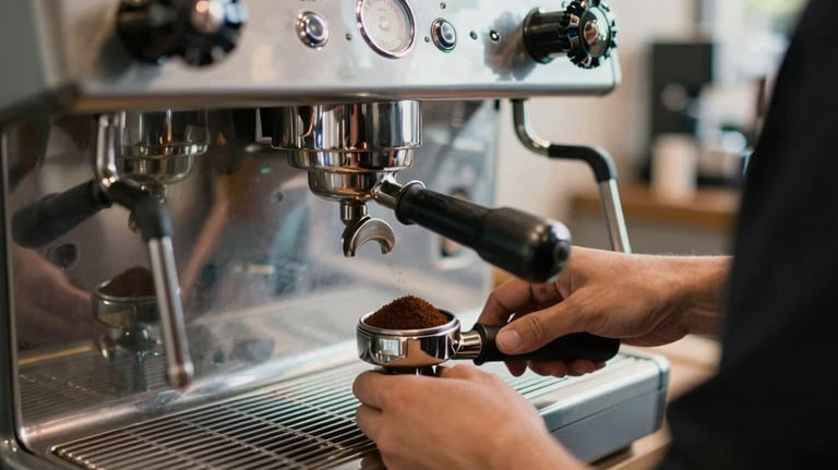Professional photography of a silver espresso machine in a modern North American / US cafe, with a barista's hands carefully tamping fresh grounds, deep brown tones.