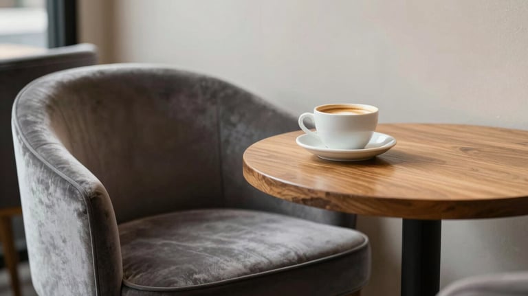 Close-up of an elegant, minimalist North American / US cafe corner with a velvet chair, a small wooden table, and a single cup of coffee, emphasizing cozy luxury.