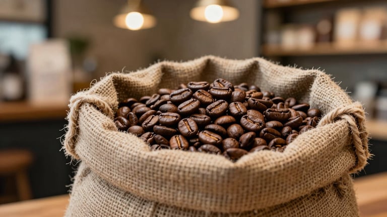 Detailed view of coffee beans in a natural burlap sack inside a stylish North American / US shop, warm earth tones and professional lighting.