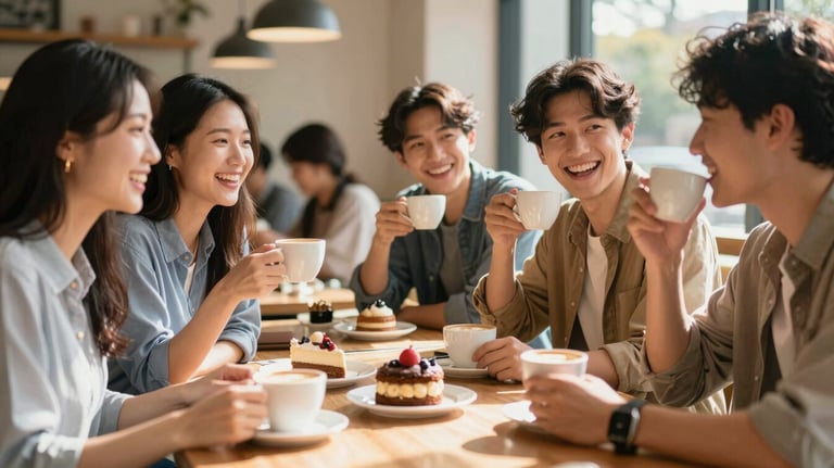 A stylish group of young adults in a North American / US setting laughing and sharing coffee and desserts at a sun-drenched table with a cozy, premium feel.