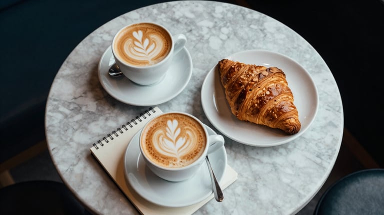 A top-down view of a marble coffee table in a North American / US cafe featuring a latte, a croissant, and a notebook, styled with elegance and natural materials.