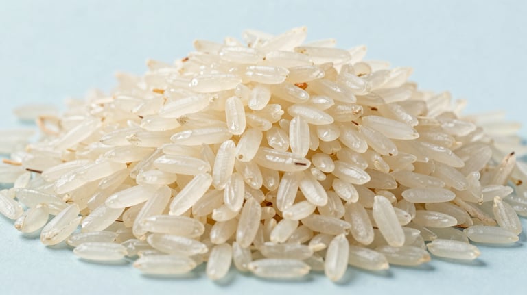 A high-quality studio shot of long-grain Basmati rice, showing clear texture and ivory white color against a clean, light blue background.