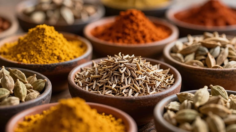 A vibrant, close-up photograph of assorted premium Indian spices including turmeric, cumin, and cardamom arranged neatly in rustic bowls.