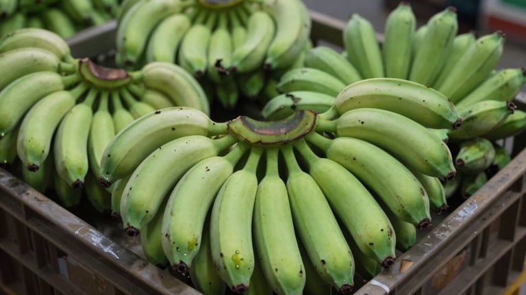 A professional photograph of vibrant green Cavendish bananas, freshly harvested and packed in uniform rows within a clean export crate.