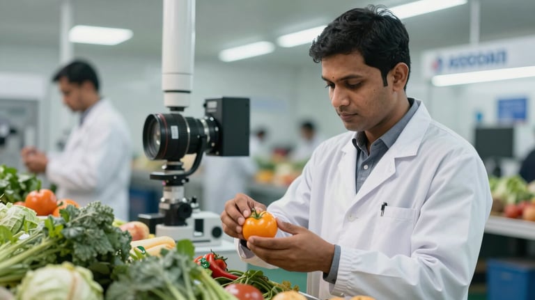 A clean, bright photo of a quality inspector in a South Asian facility examining fresh produce, representing FSSAI and APEDA compliance.