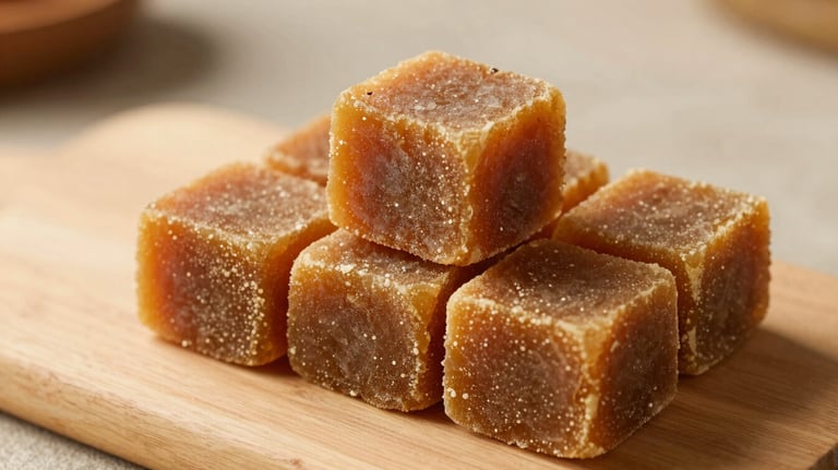 High-quality blocks of golden-brown organic jaggery displayed on a clean wooden surface, lit with natural morning light.