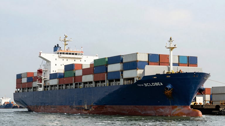 A commercial cargo ship at a busy South Asian port, representing global logistics, international trade, and the company's export capabilities.