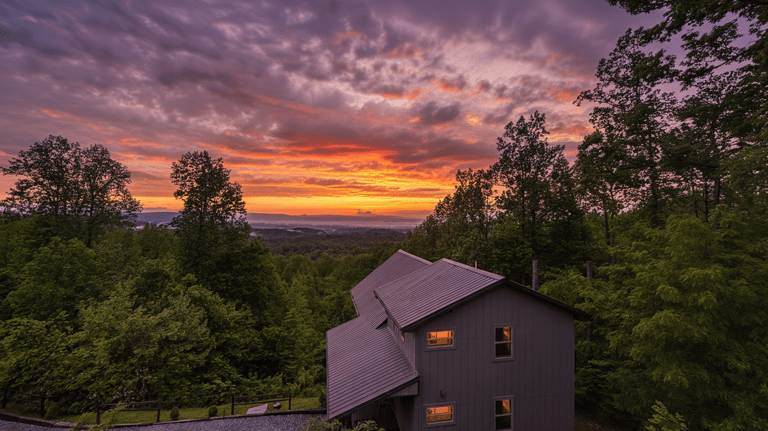 Exterior view of a secluded log cabin tucked away in the wooded Timberidge community near Gatlinburg