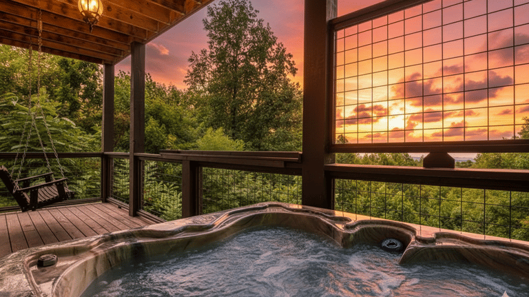 Steaming private hot tub on a secluded wooden deck overlooking the lush forest in Gatlinburg, Tennessee