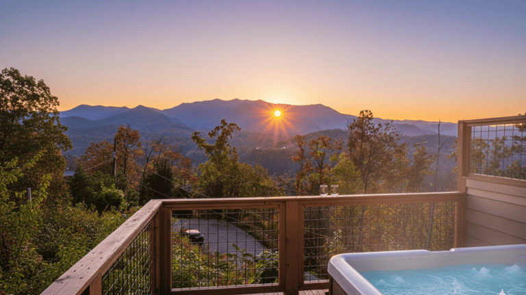 Steaming private hot tub on a secluded wooden deck overlooking the lush forest in Gatlinburg, Tennessee