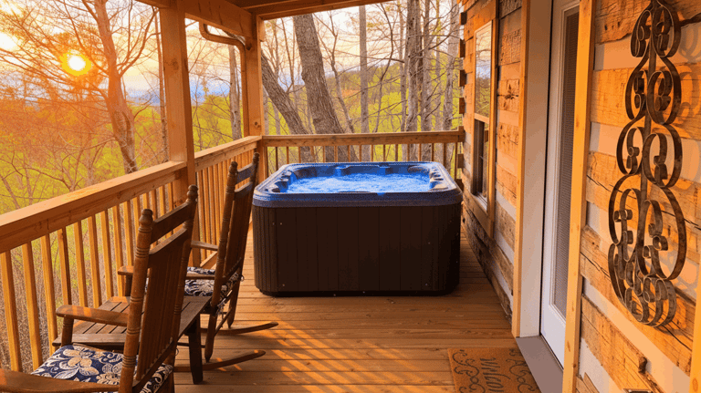 Steaming private hot tub on a secluded wooden deck overlooking the lush forest in Gatlinburg, Tennessee