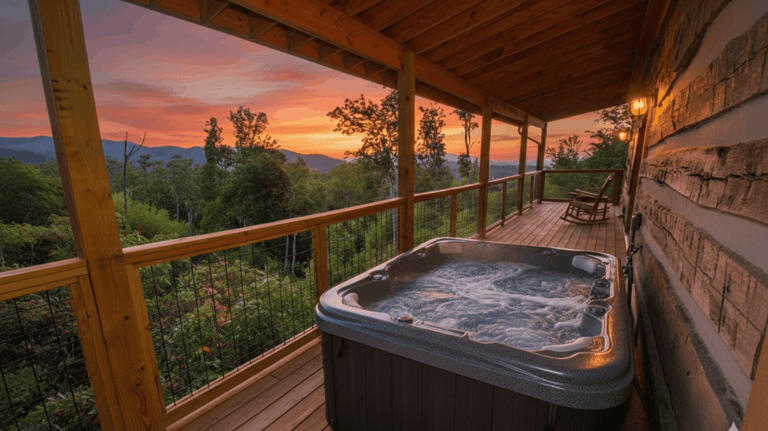 Steaming private hot tub on a secluded wooden deck overlooking the lush forest in Gatlinburg, Tennessee