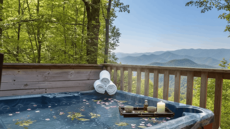 Steaming private hot tub on a secluded wooden deck overlooking the lush forest in Gatlinburg, Tennessee