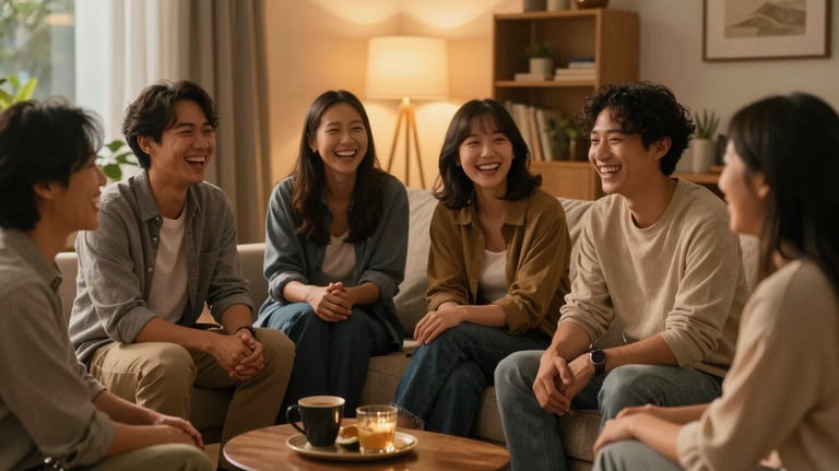 A group of North American people laughing together in a cozy living room during a warm evening gathering, atmosphere of belonging and shared joy, warm golden lighting.
