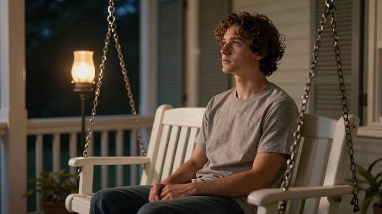 A North American individual sitting peacefully on a porch swing at night, the soft glow of a nearby lamp creating a safe and contemplative atmosphere.