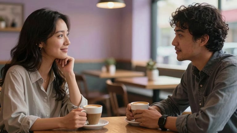 Two North American people having a warm and deep conversation over coffee in a dimly lit, cozy cafe, soft focus on the background, warm gold and soft lavender light.