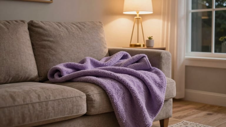 A warm and inviting interior shot of a North American living room at night, with a soft lavender throw blanket and a warm golden lamp glow, evoking a sense of calm.