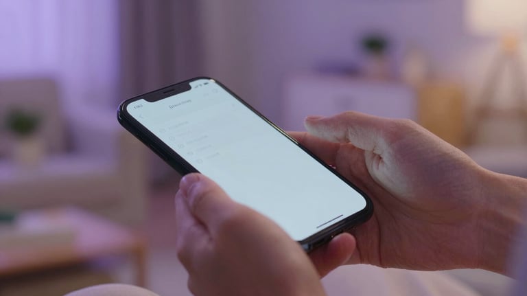 A close up of a person's hands holding a phone warmly in a North American home setting, soft focus on the background, warm evening light and lavender tones.